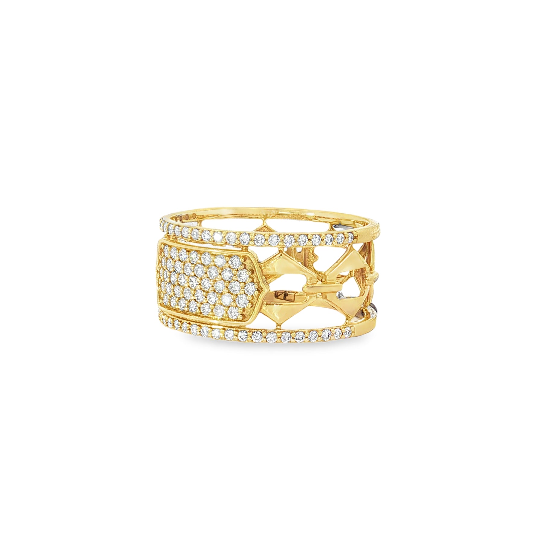 Angled view of yellow gold openwork and framed diamond panel