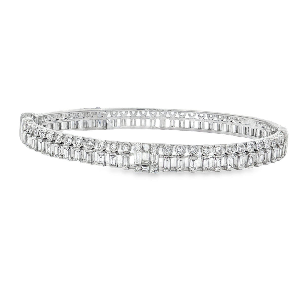 White gold bangle with parallel baguette and round diamond rows
