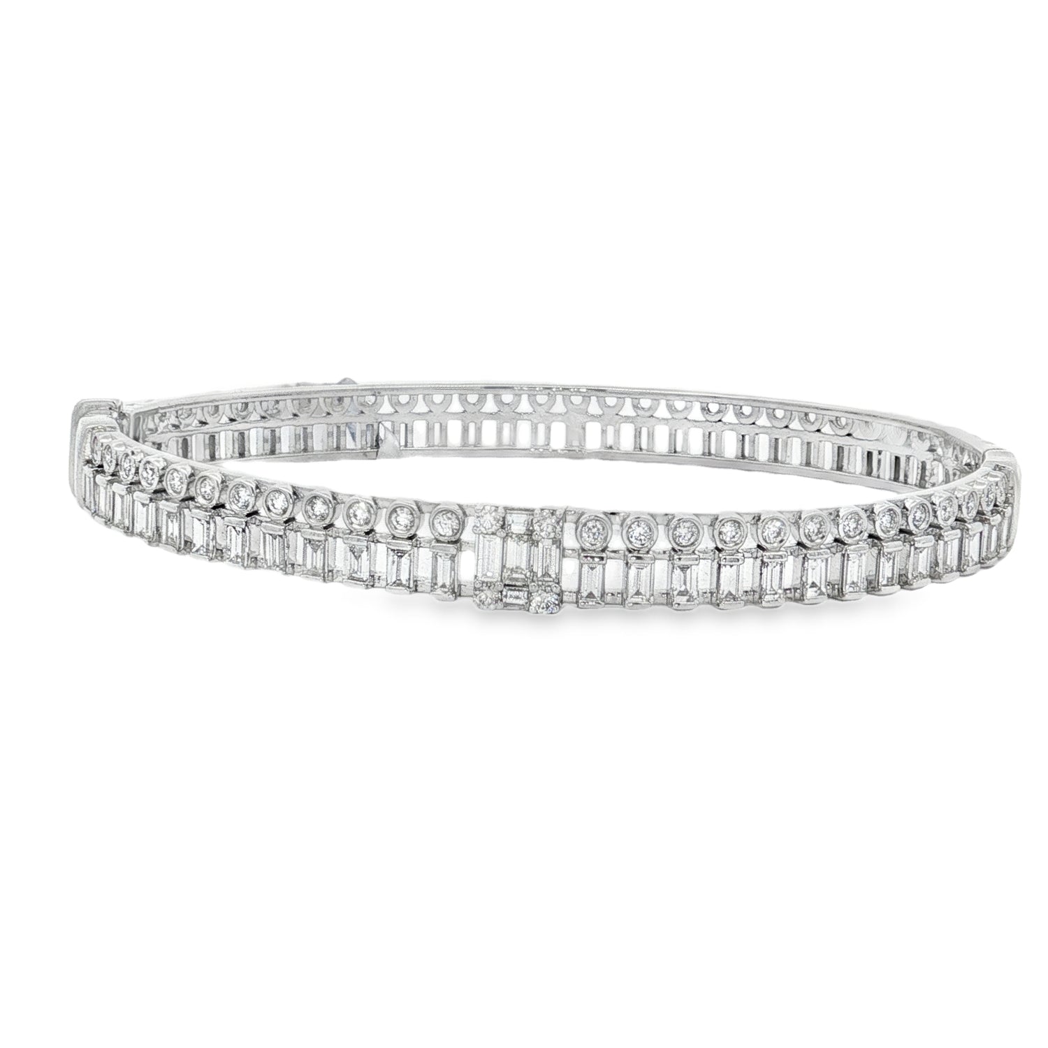 White gold bangle with parallel baguette and round diamond rows