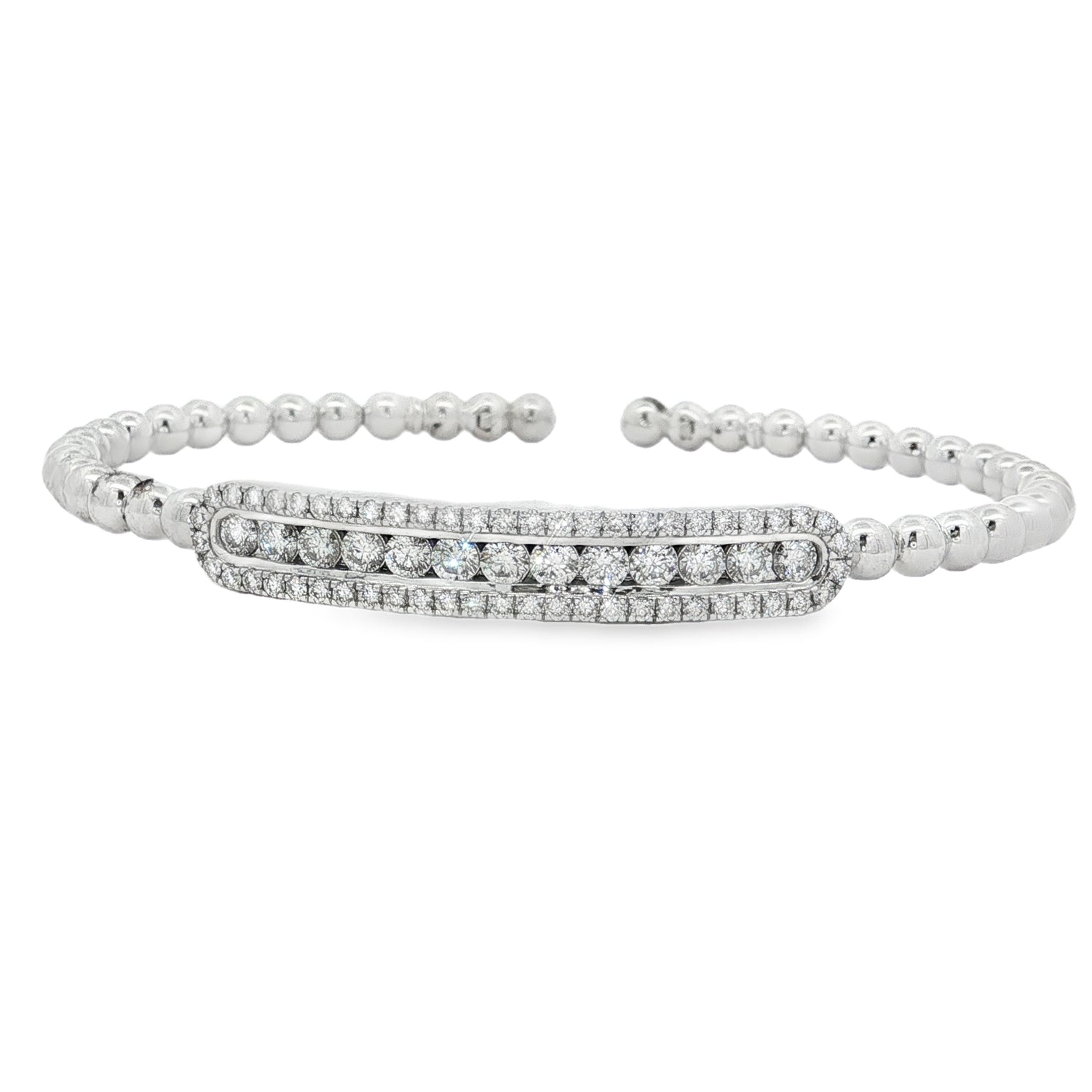 White gold beaded bangle with elongated round diamond station