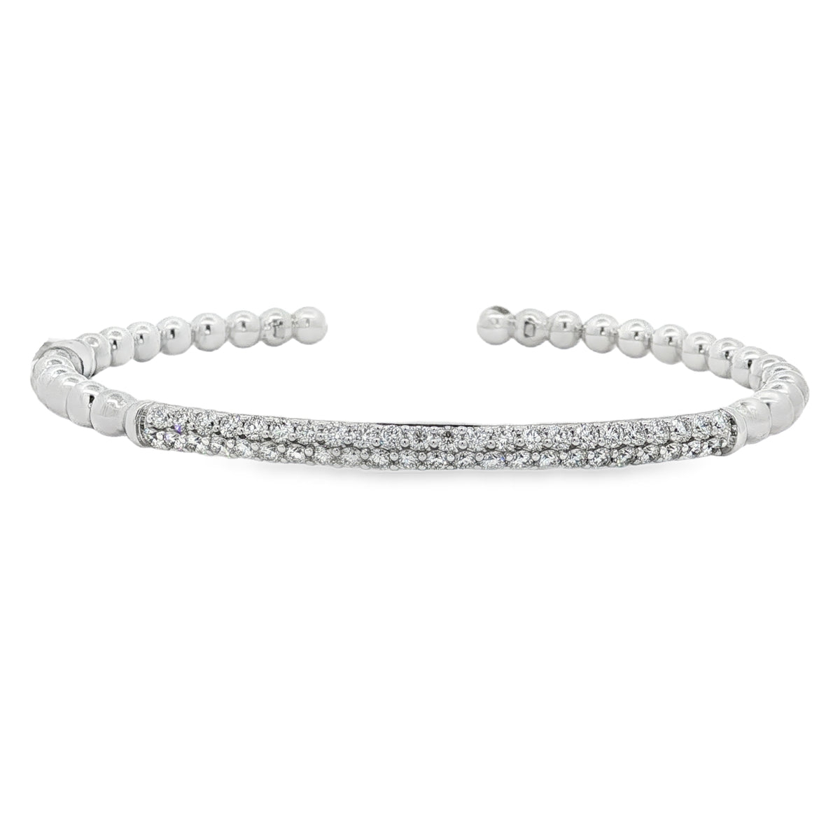 White gold beaded bangle with slender pavé diamond station