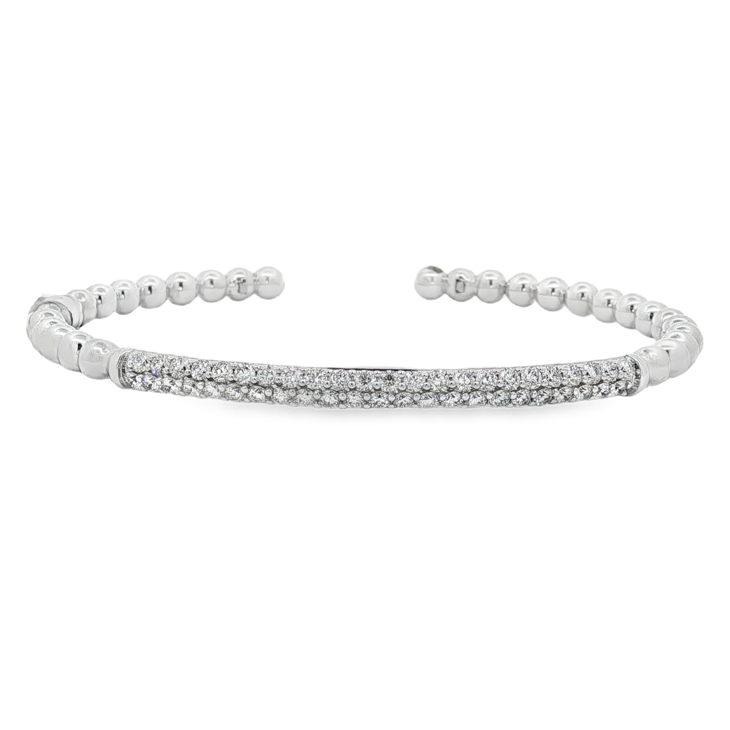White gold beaded bangle with slender pavé diamond station