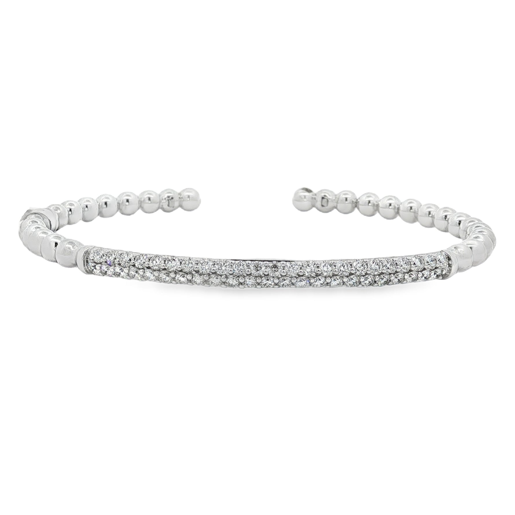 White gold beaded bangle with slender pavé diamond station