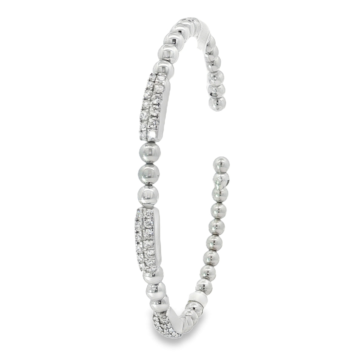 Side view showing beaded bangle and raised diamond stations