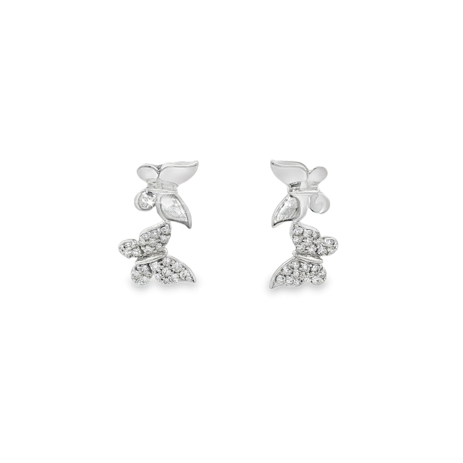 White gold butterfly earrings with polished wings and round diamonds