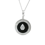 White gold medallion pendant with black onyx and pear diamond motif