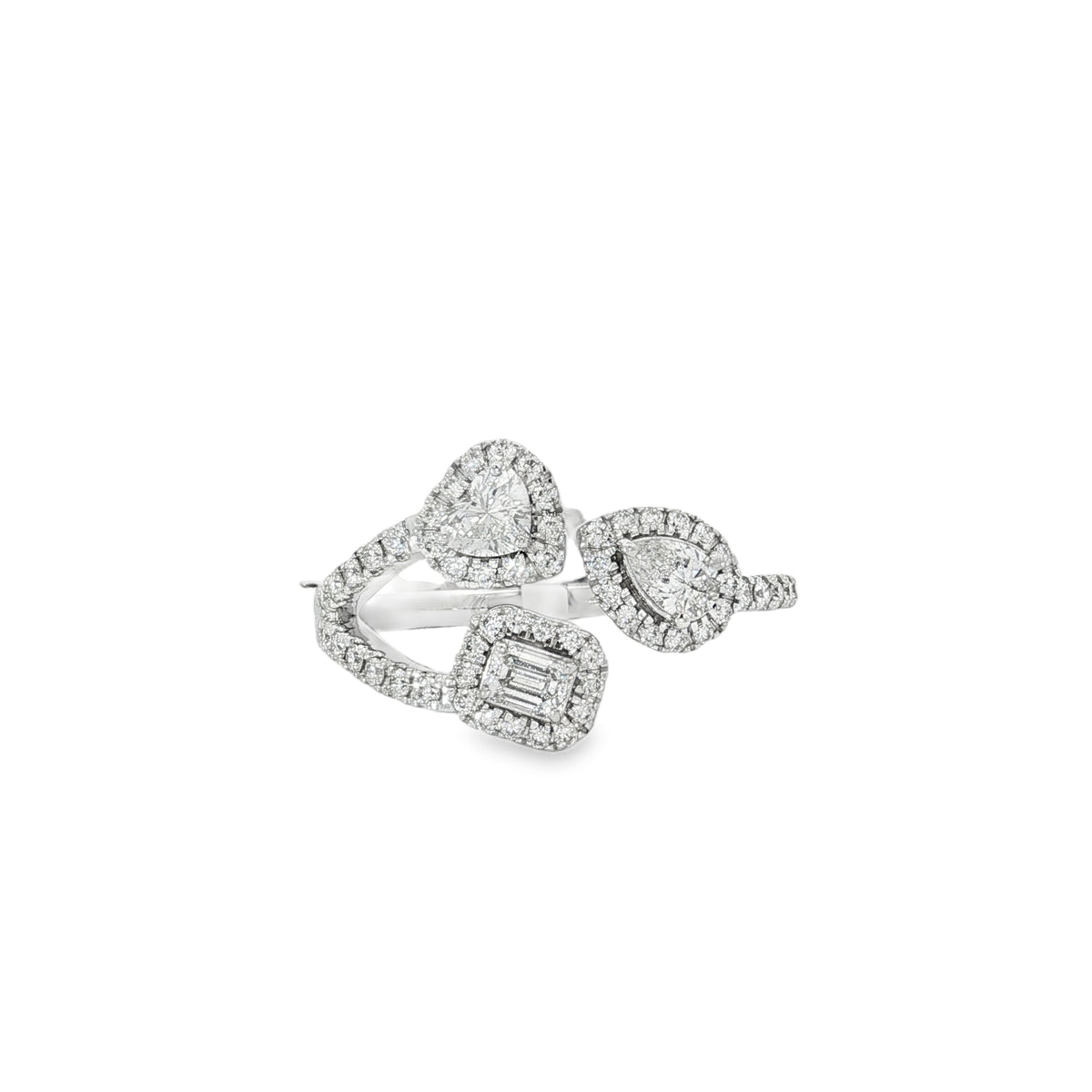 White gold open ring with halo-set mixed-cut diamond motifs