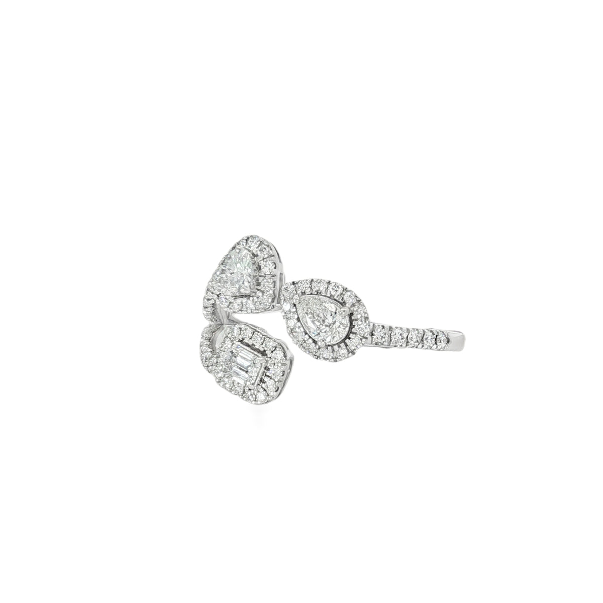 Angled view showing layered diamond halos on white gold open ring