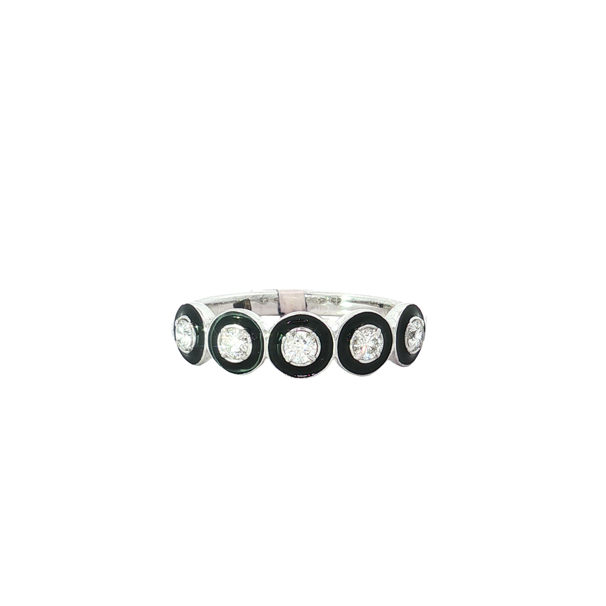 White gold band ring with black-outlined circular diamond motifs