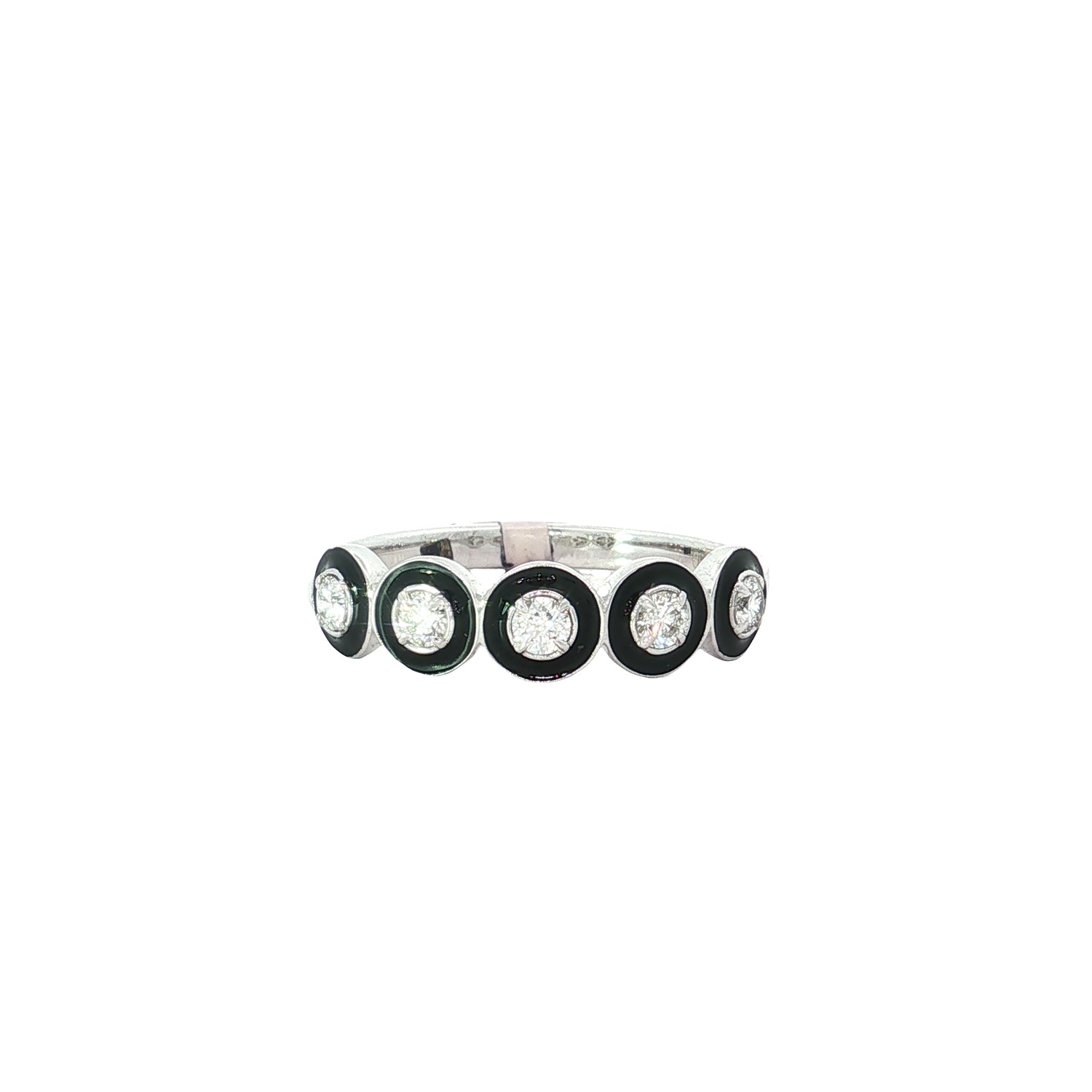 White gold band ring with black-outlined circular diamond motifs