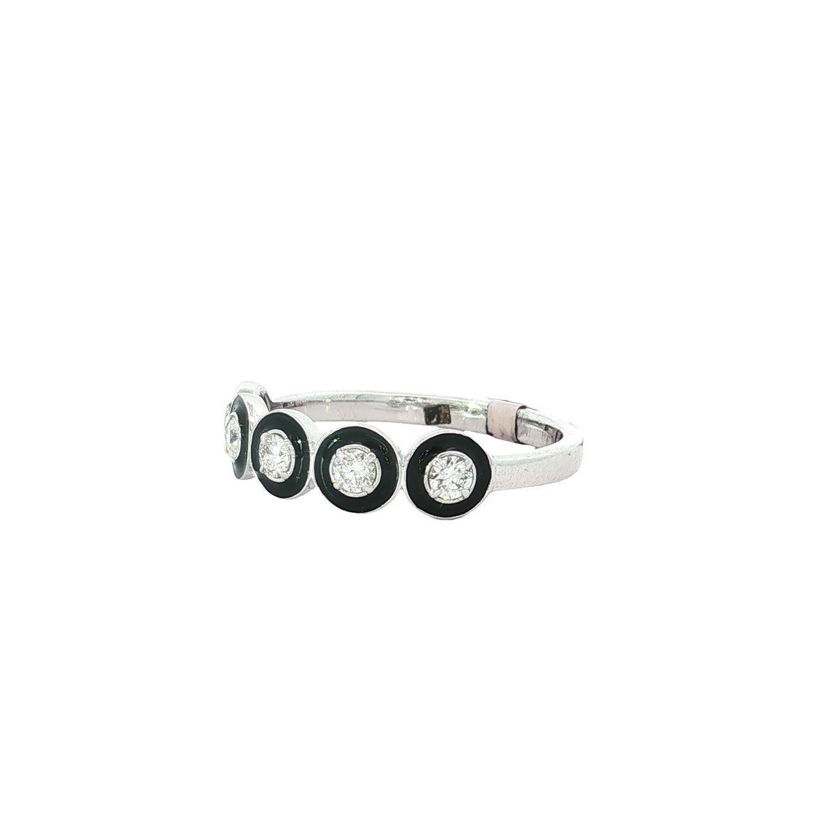 Angled view of repeating circular diamond motifs and polished band