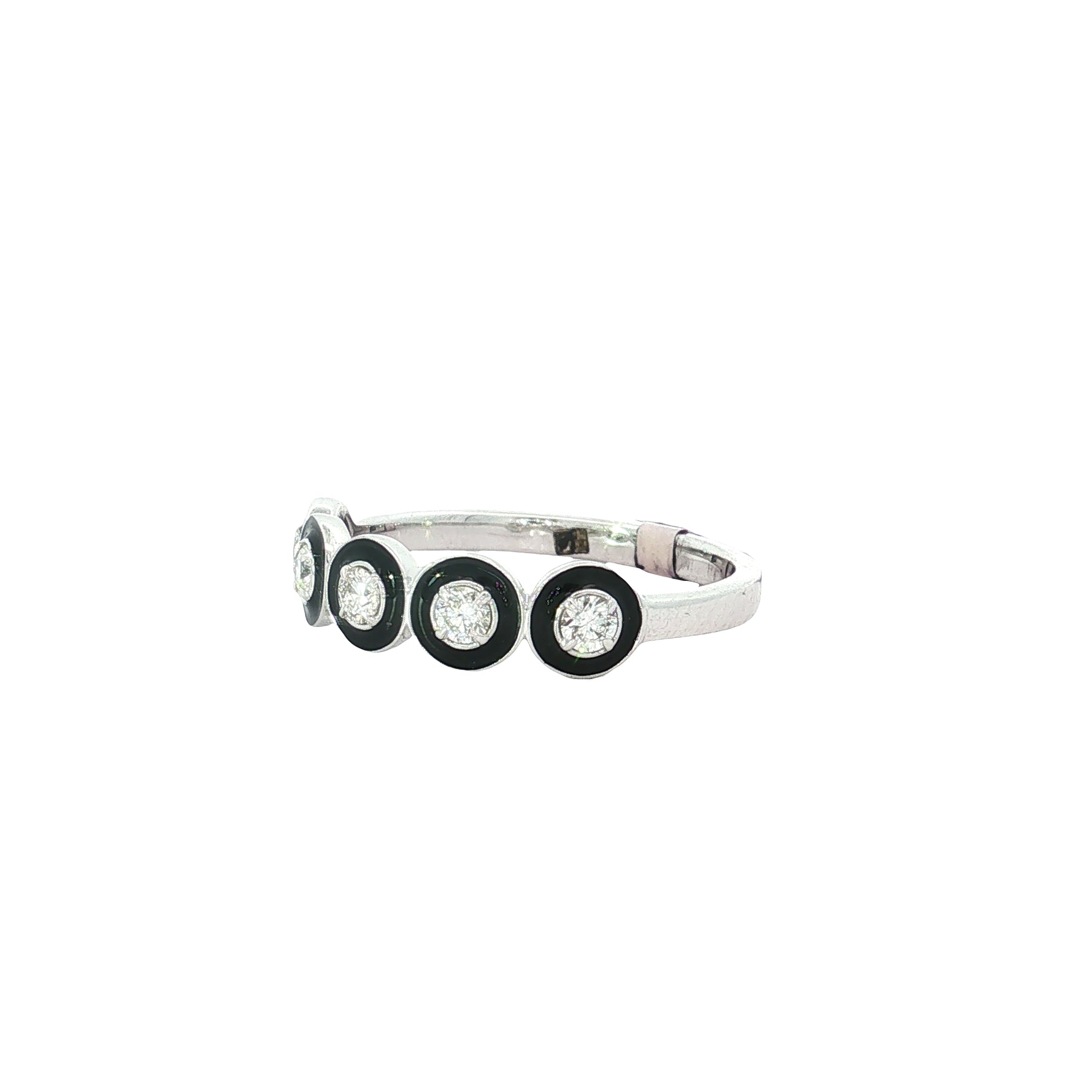 Angled view of repeating circular diamond motifs and polished band