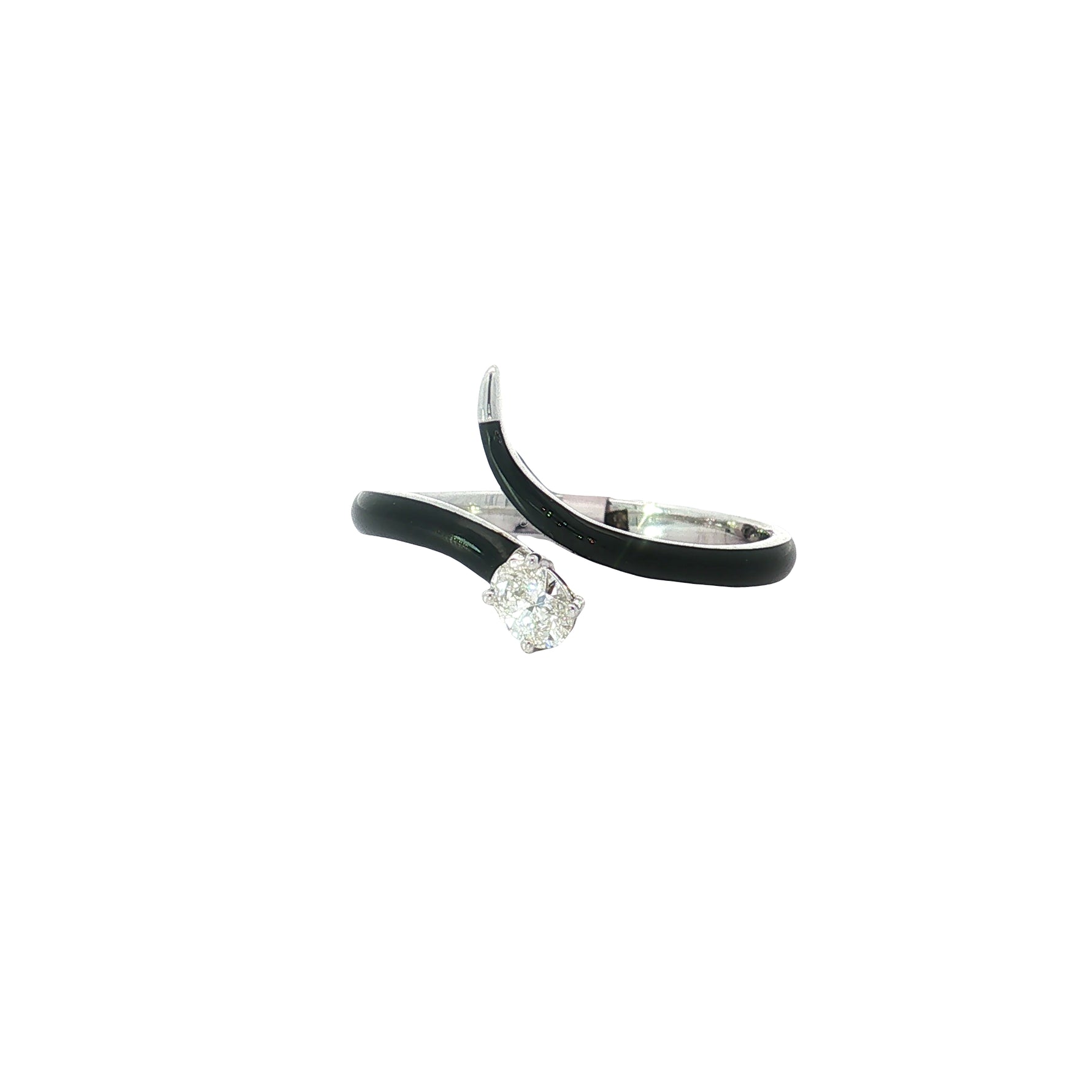 White gold bypass ring with oval diamond and black curved inlays