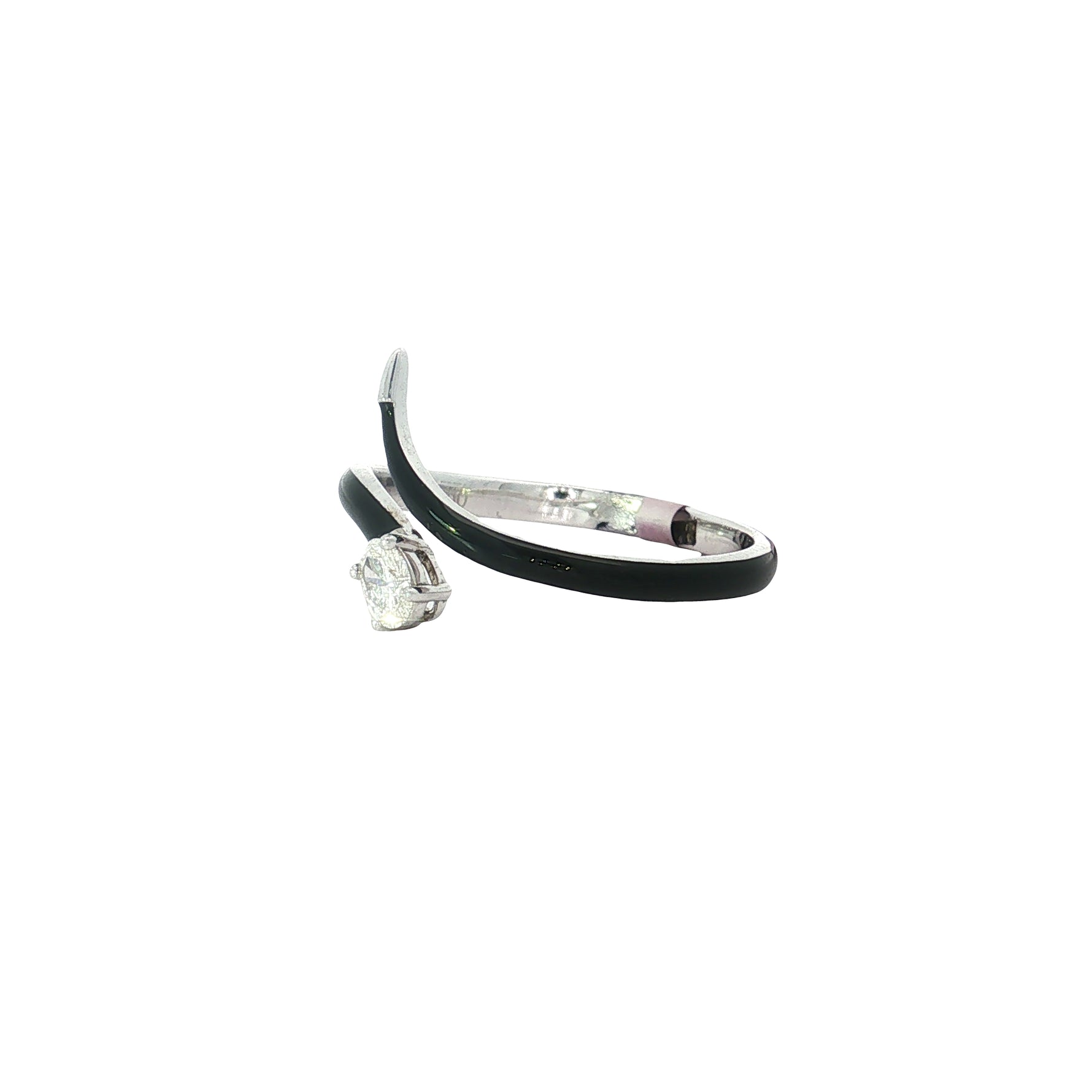 Side view of curved black inlays and raised oval diamond setting