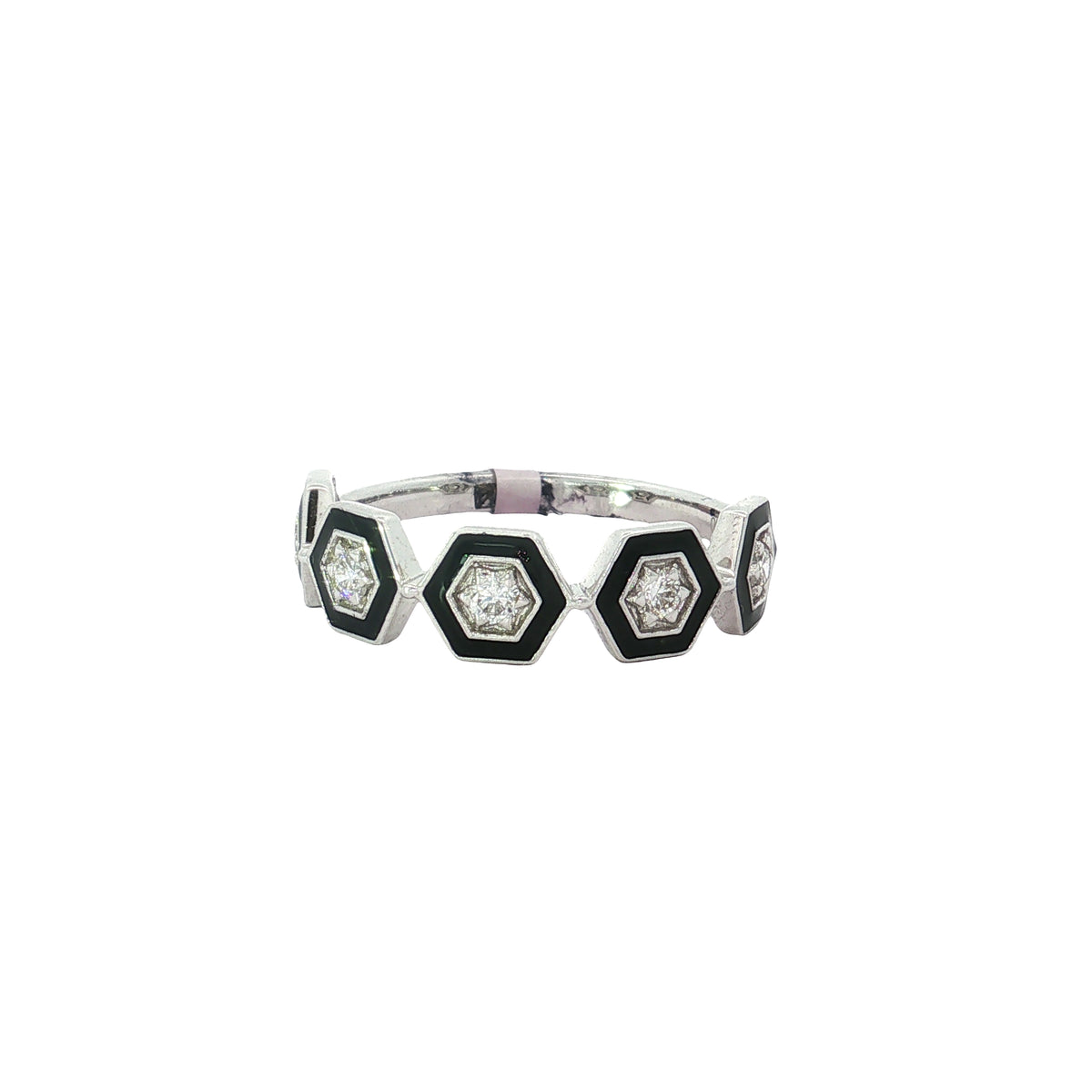 White gold band ring with black hexagonal frames and diamond centers
