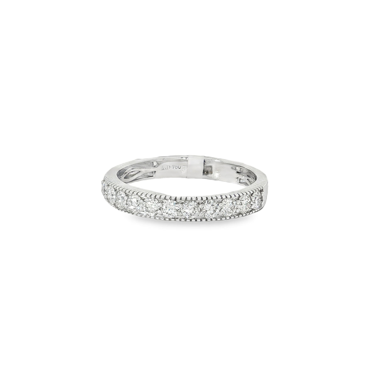 White gold band ring with twin diamond rows and rope-textured edges