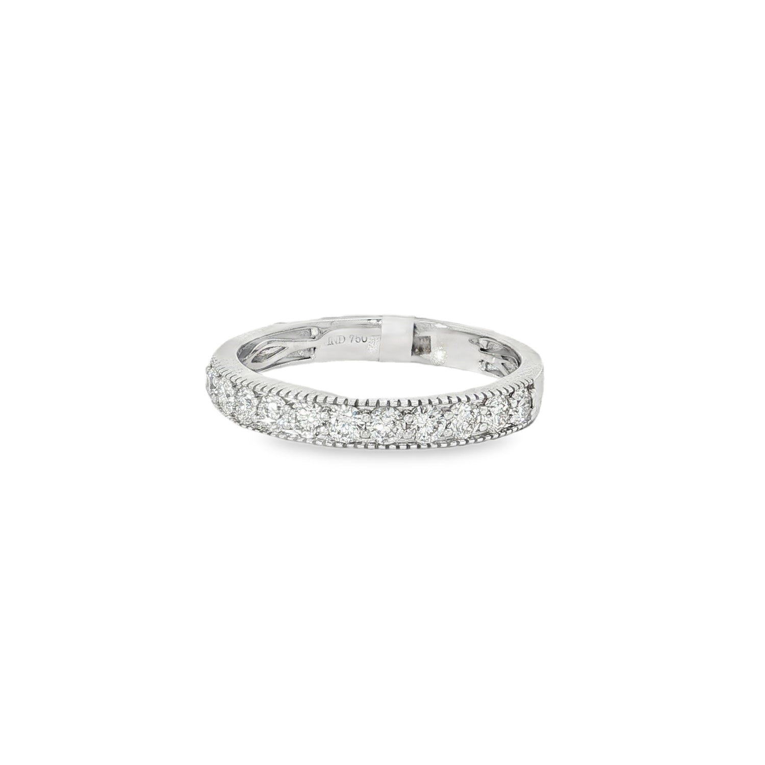 White gold band ring with twin diamond rows and rope-textured edges