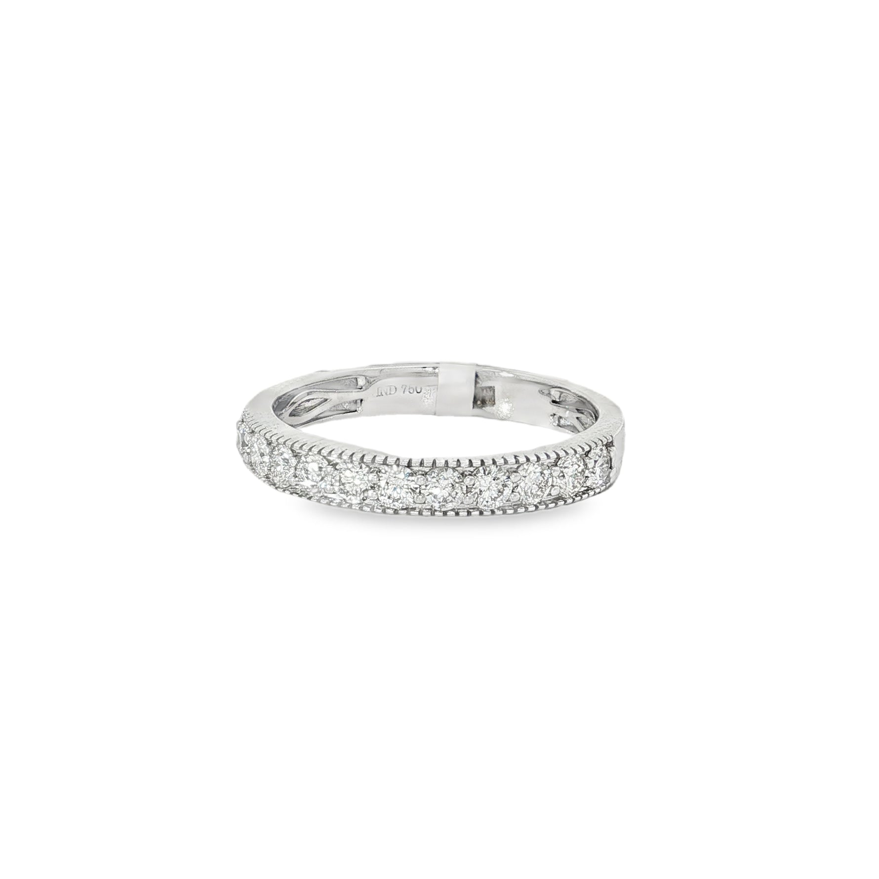 White gold band ring with twin diamond rows and rope-textured edges