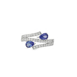 White gold crossover ring with pear tanzanites and round diamonds
