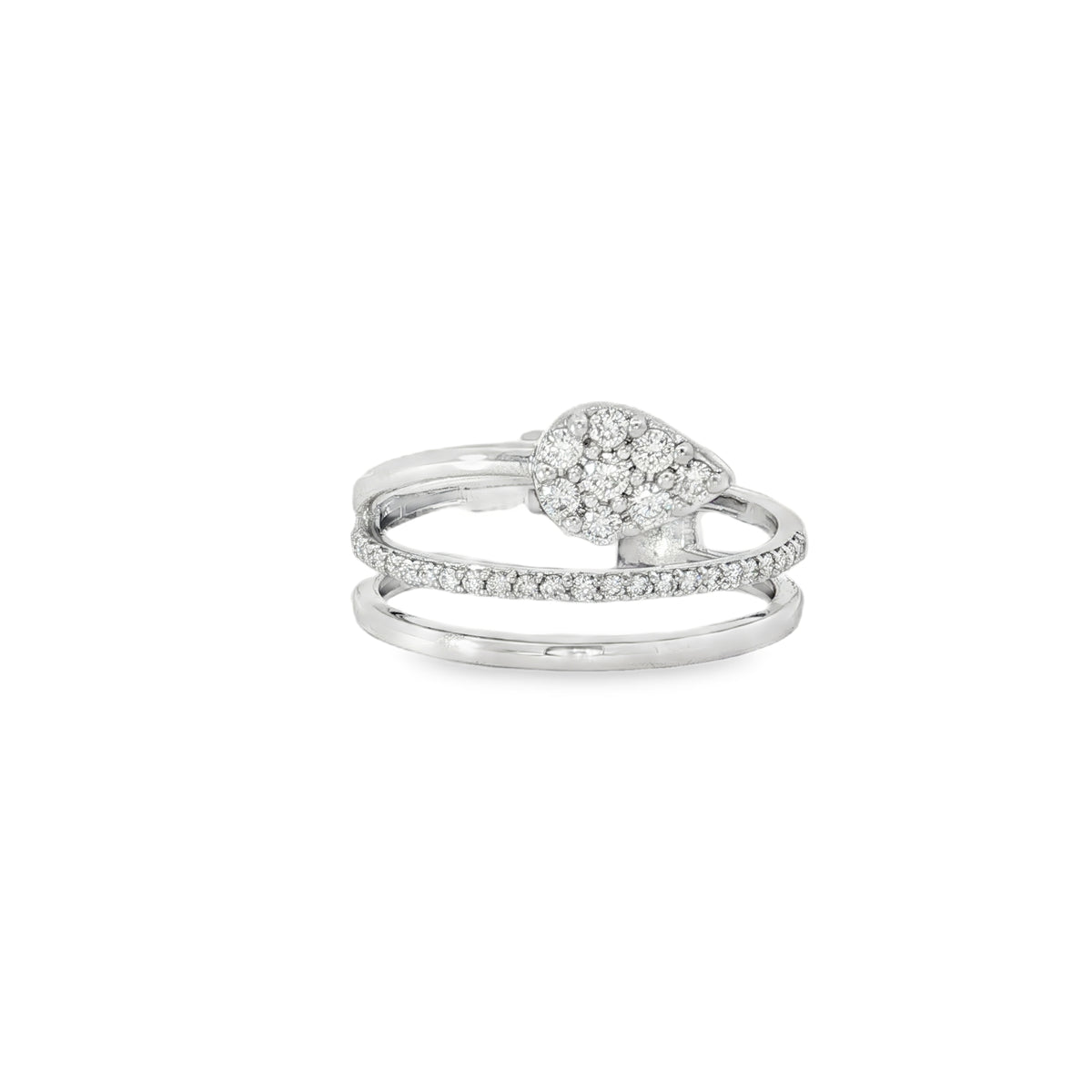 White gold crossover ring with pear-shaped diamond cluster
