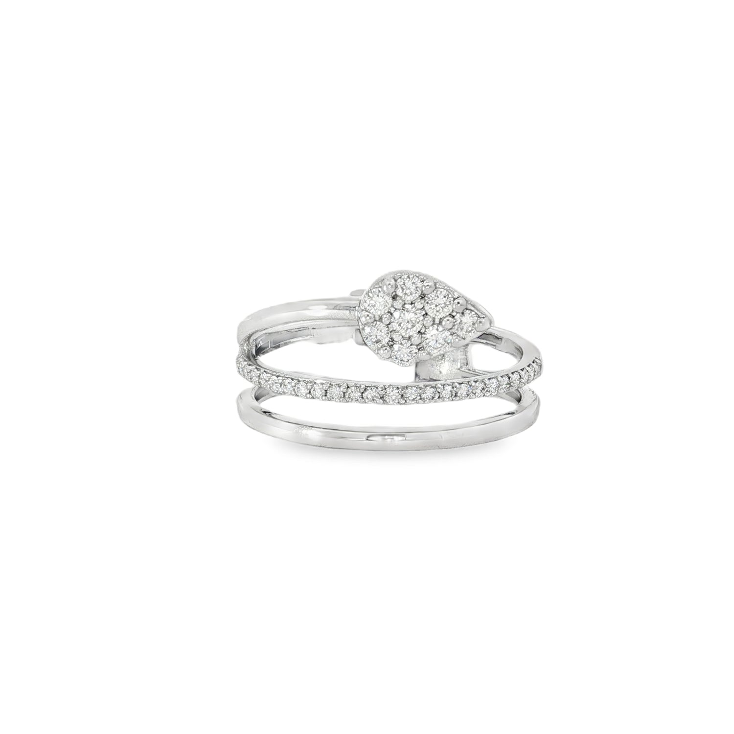 White gold crossover ring with pear-shaped diamond cluster