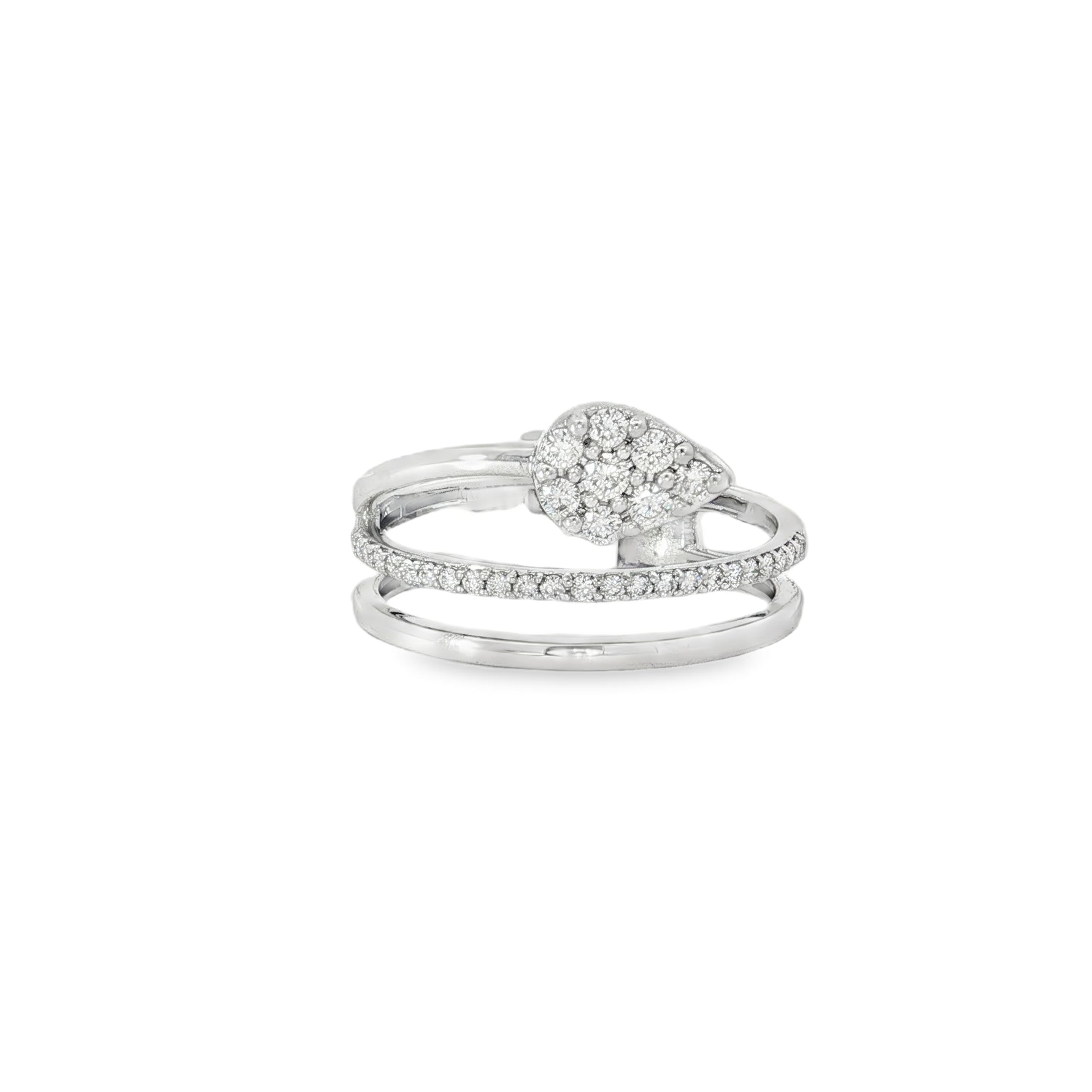 White gold crossover ring with pear-shaped diamond cluster