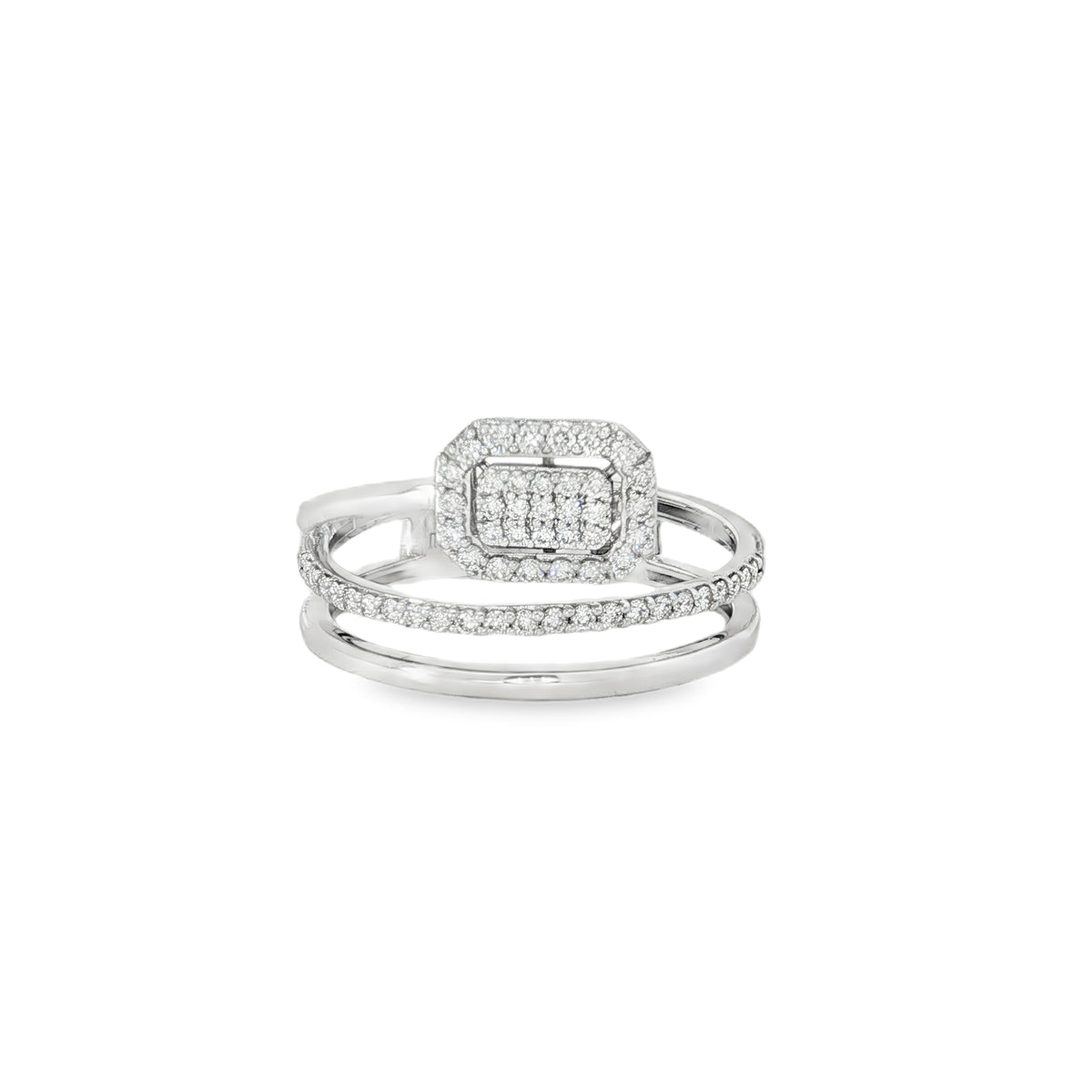 White gold crossover ring with cushion-shaped diamond cluster