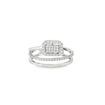 White gold crossover ring with cushion-shaped diamond cluster