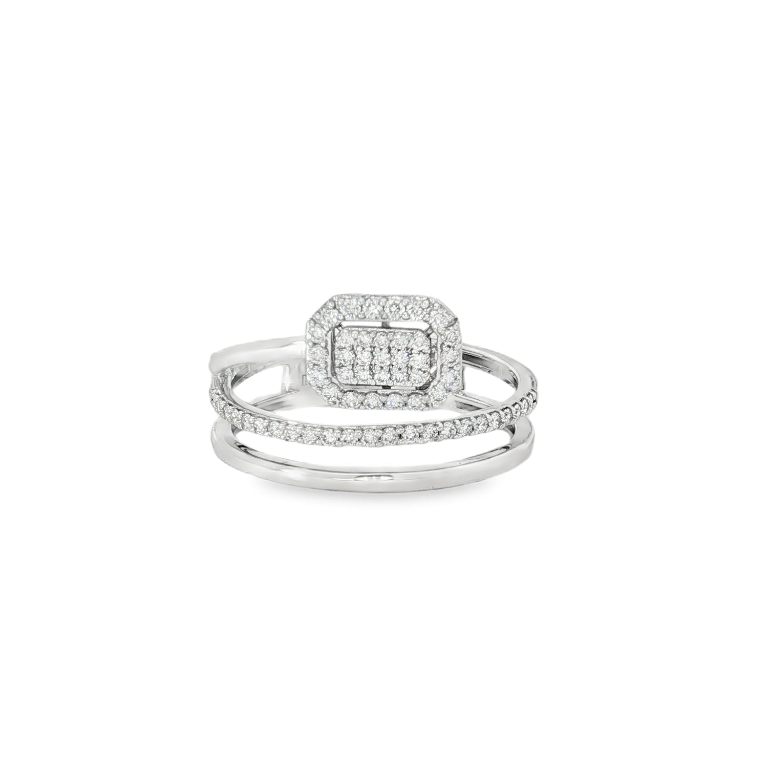 White gold crossover ring with cushion-shaped diamond cluster
