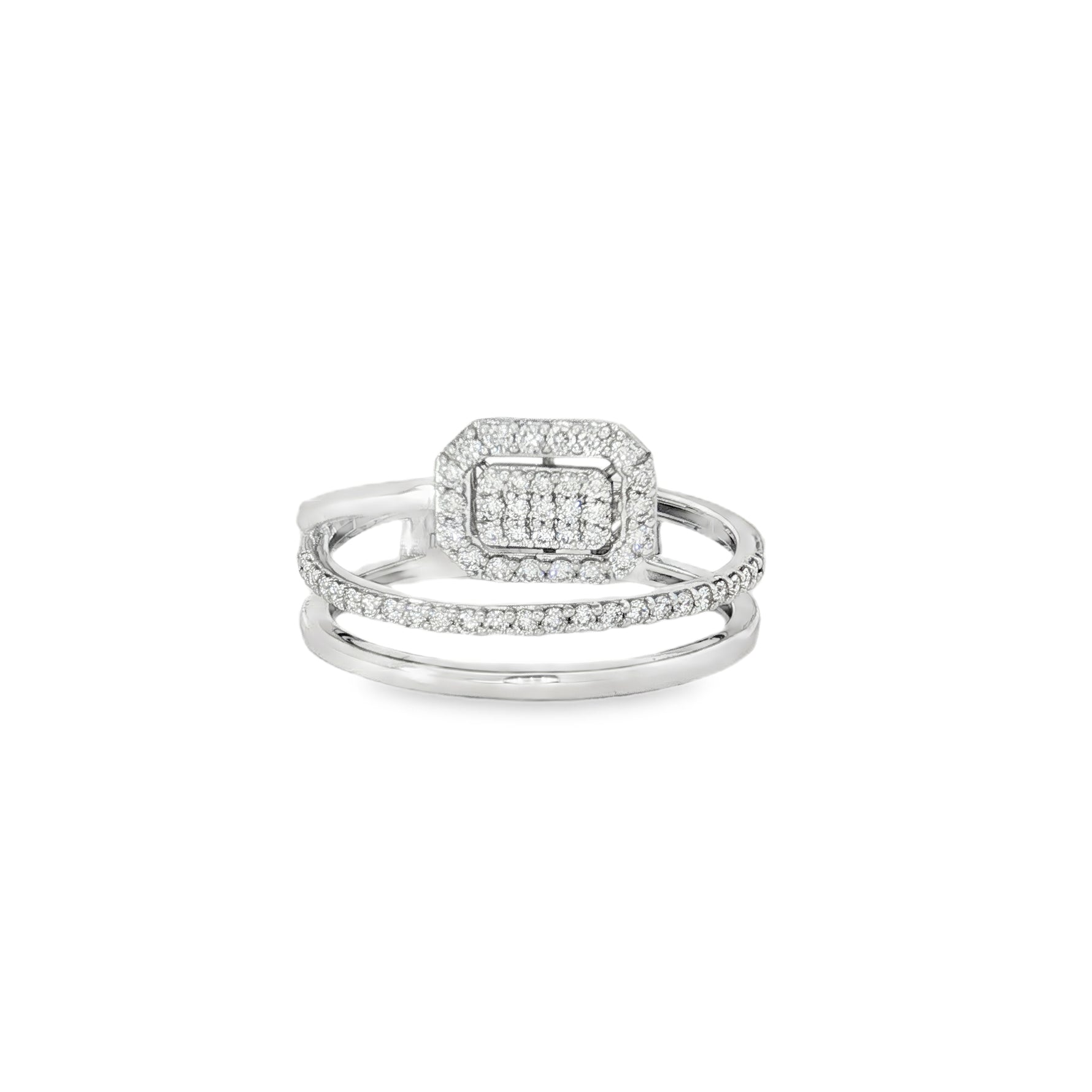 White gold crossover ring with cushion-shaped diamond cluster