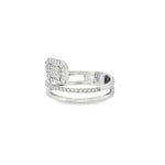 Side view showing cushion diamond cluster and layered polished bands