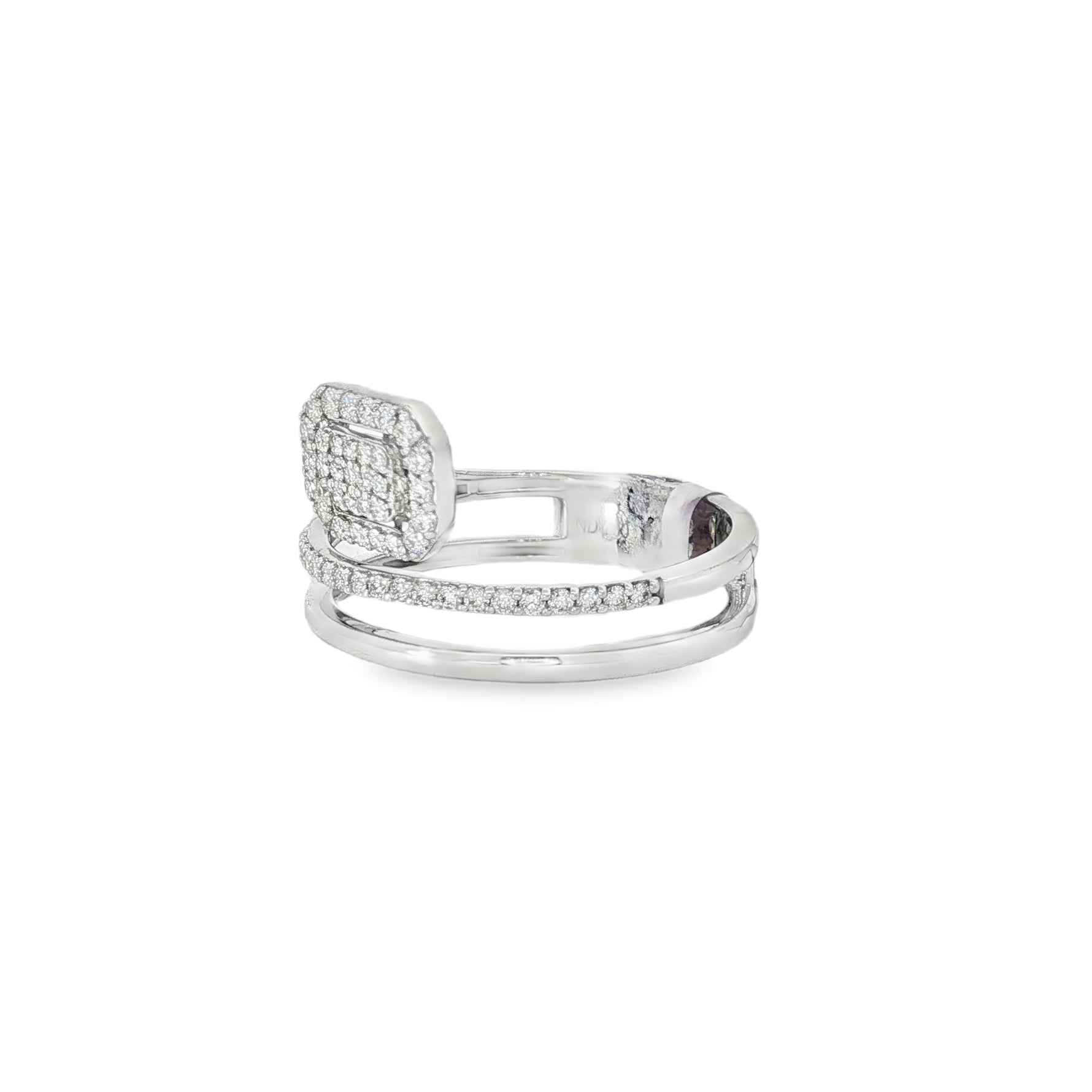 Side view showing cushion diamond cluster and layered polished bands