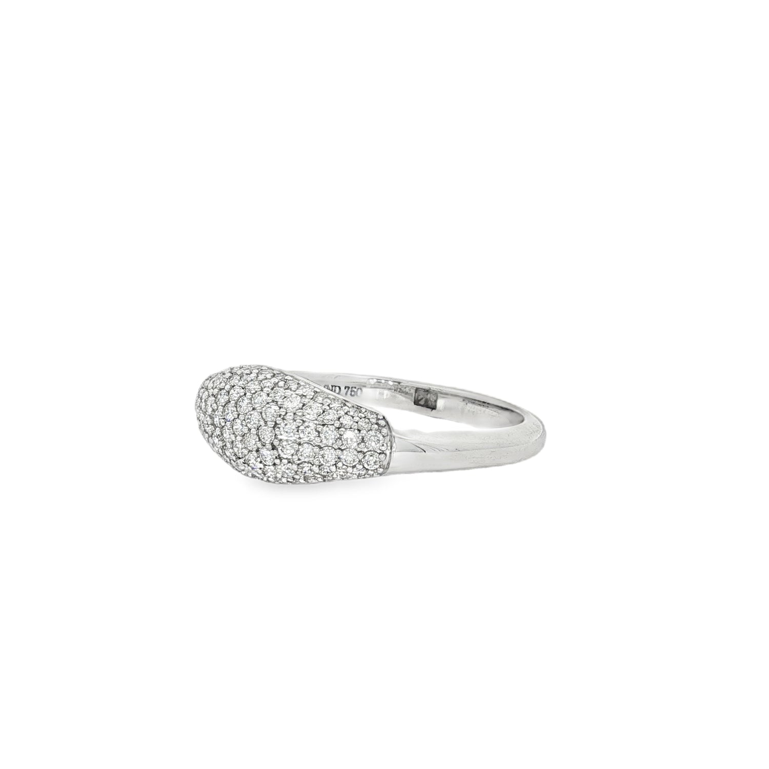 Angled view of pavé-set signet face and polished white gold band