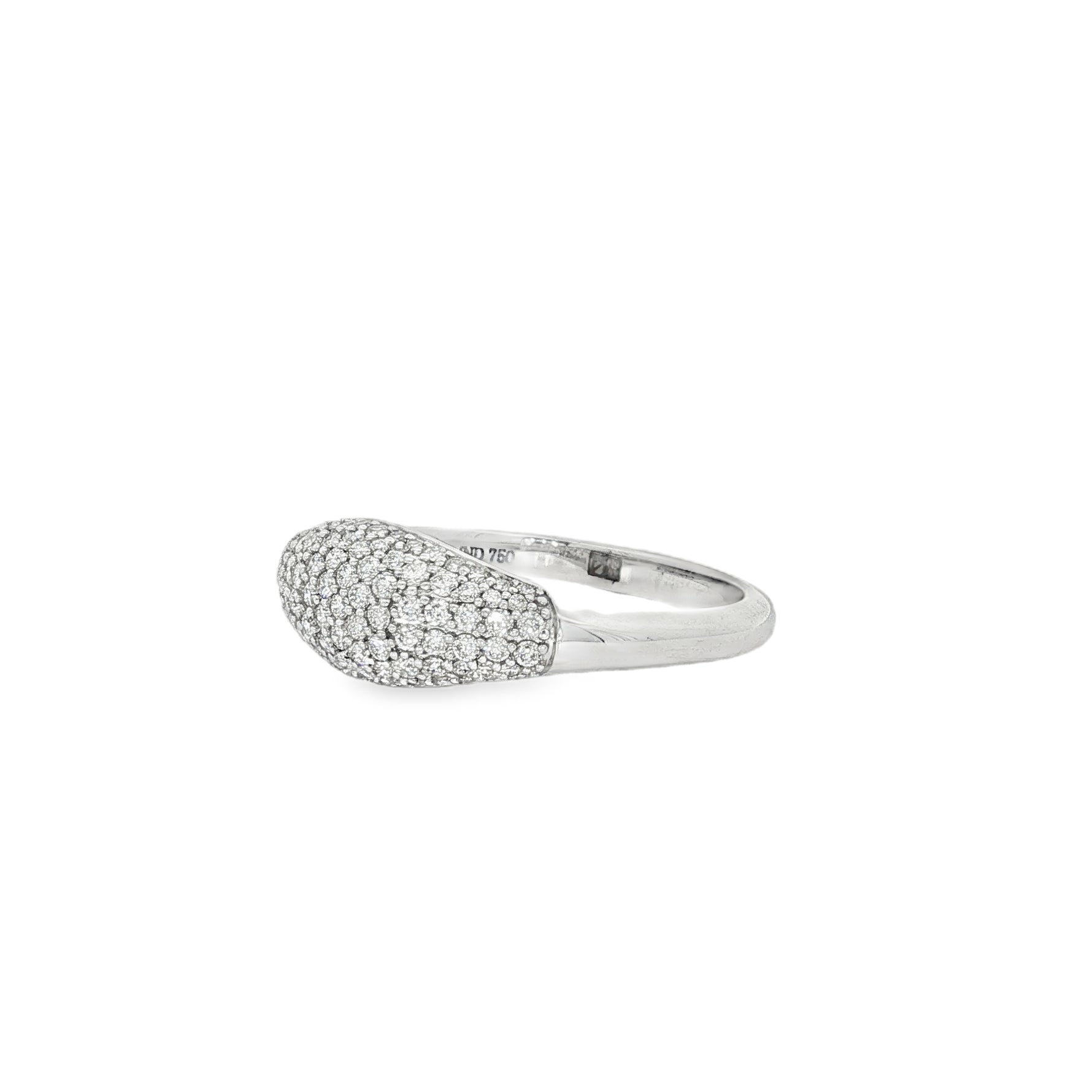 Angled view of pavé-set signet face and polished white gold band