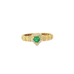 Yellow gold ring with heart-shaped emerald and diamond halo