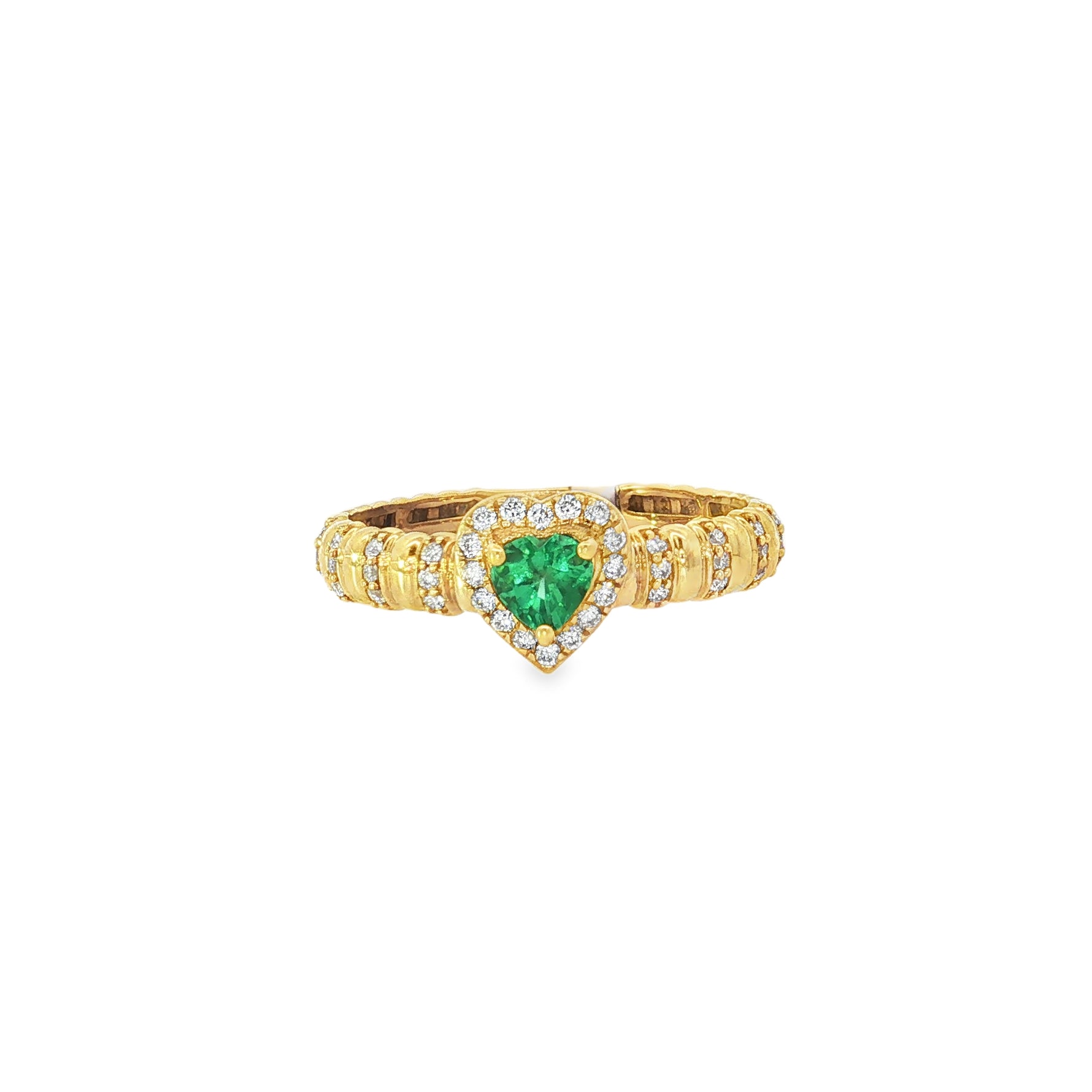 Yellow gold ring with heart-shaped emerald and diamond halo