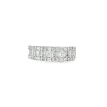 White gold band ring with baguette diamonds framed by round diamonds