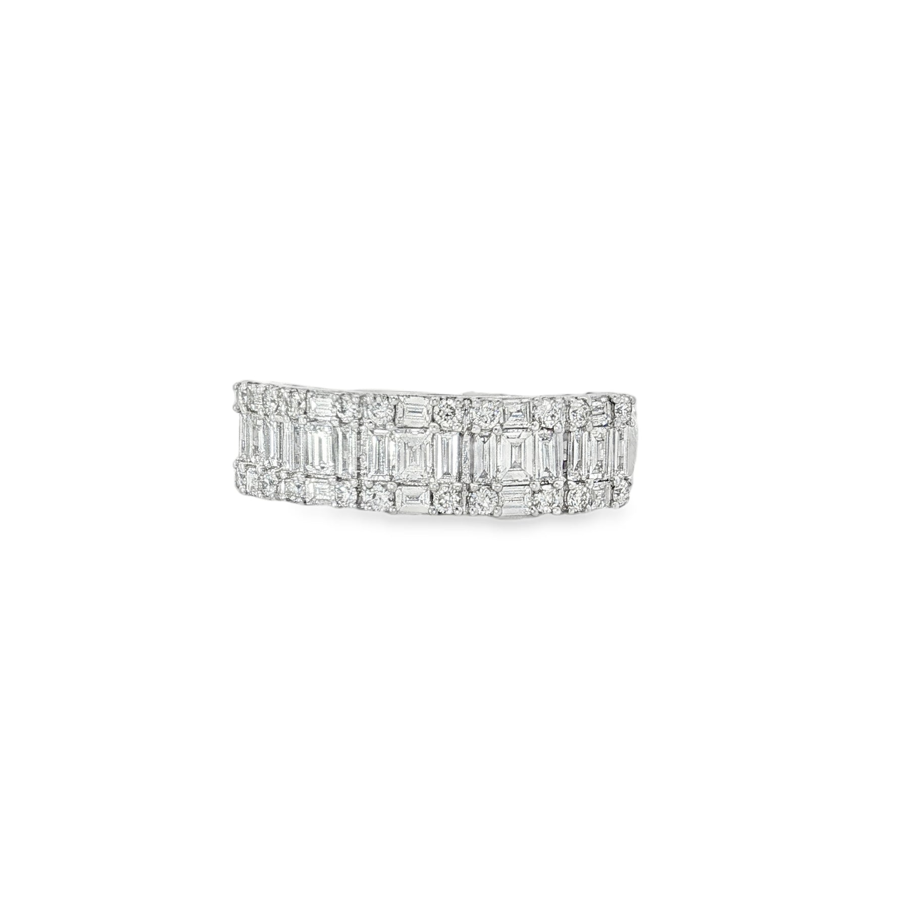 White gold band ring with baguette diamonds framed by round diamonds