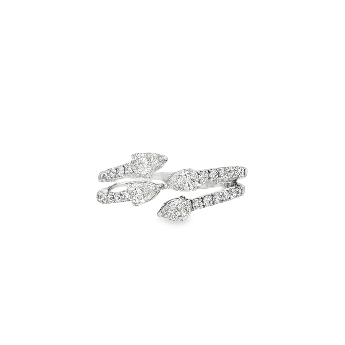 White gold wave ring with pear diamonds and round diamond bands