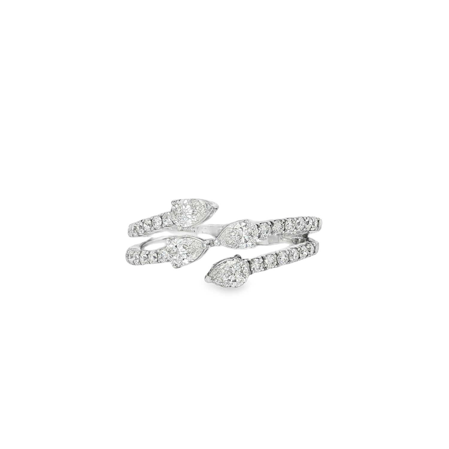 White gold wave ring with pear diamonds and round diamond bands
