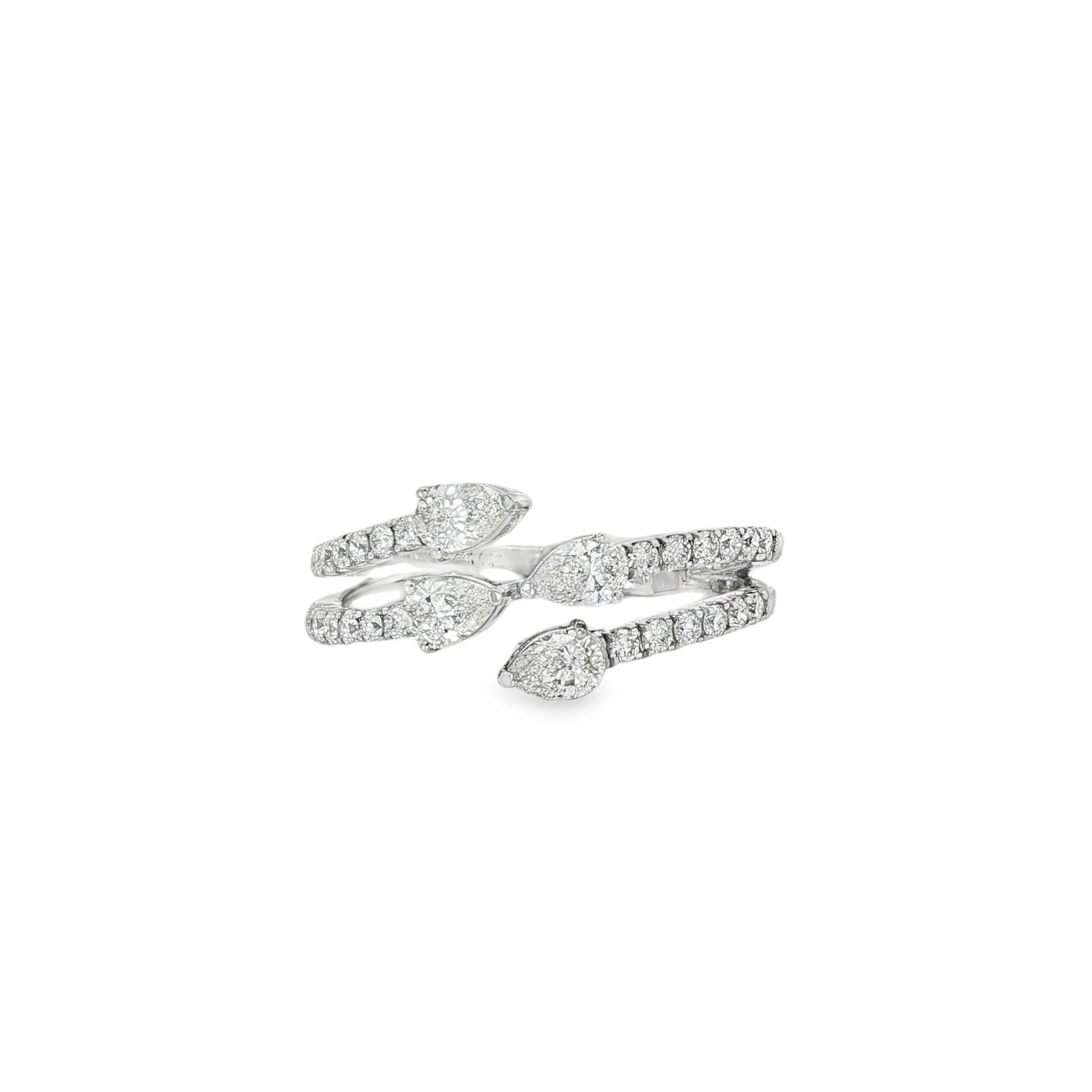 White gold wave ring with pear diamonds and round diamond bands