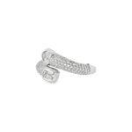 Angled view of pavé bands and opposing heart and emerald-cut diamonds