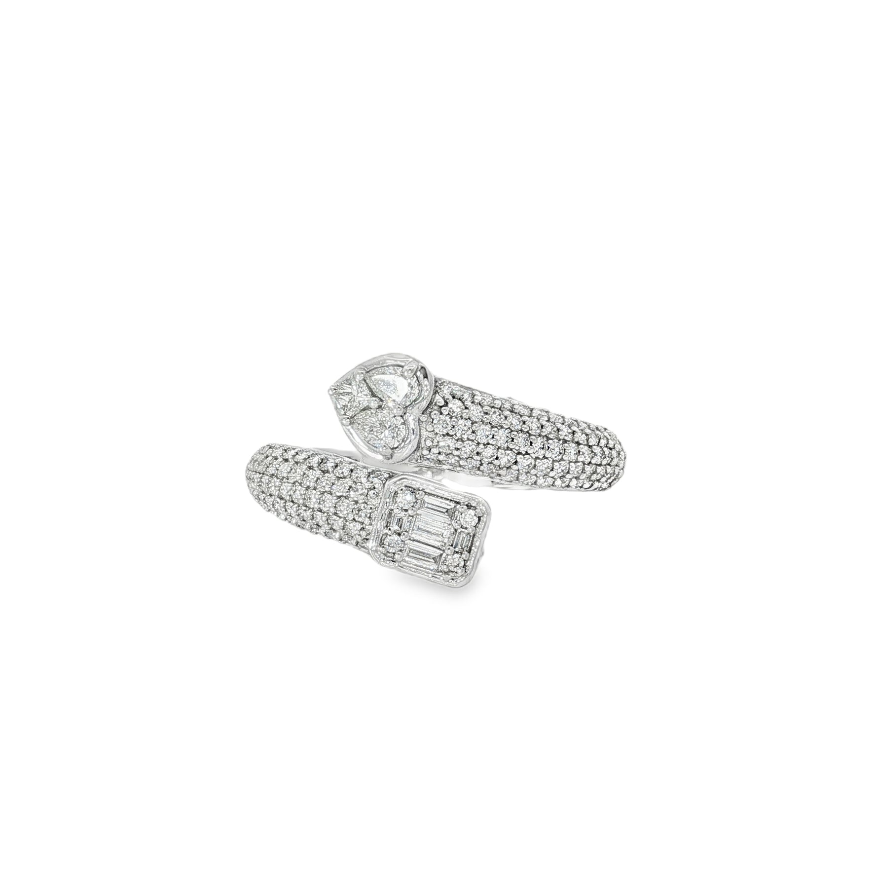 White gold bypass ring with mixed-cut diamonds and pavé bands