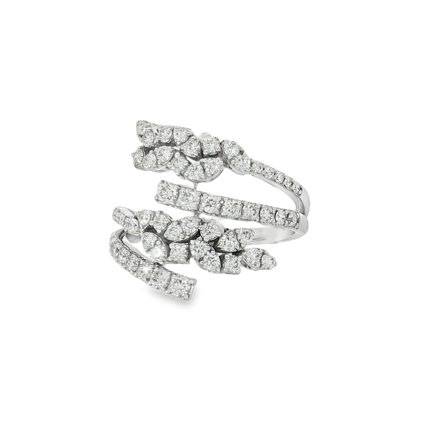 White gold wrap ring with layered leaf-shaped diamond clusters