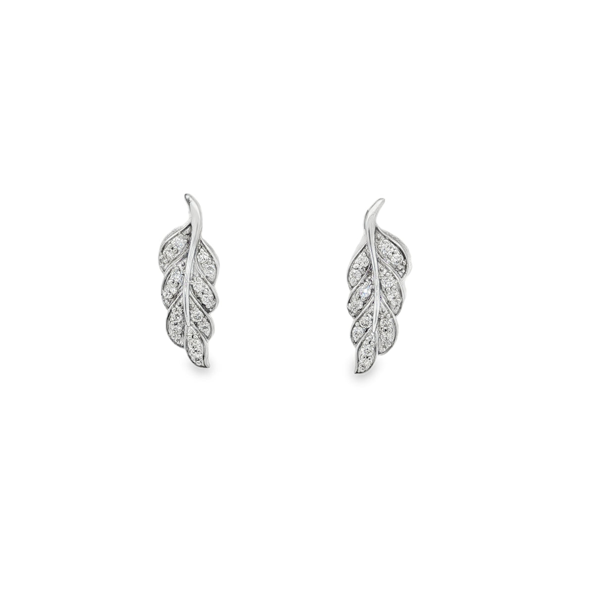White gold leaf earrings with round diamonds and polished stems