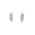 White gold leaf earrings with round diamonds and polished stems