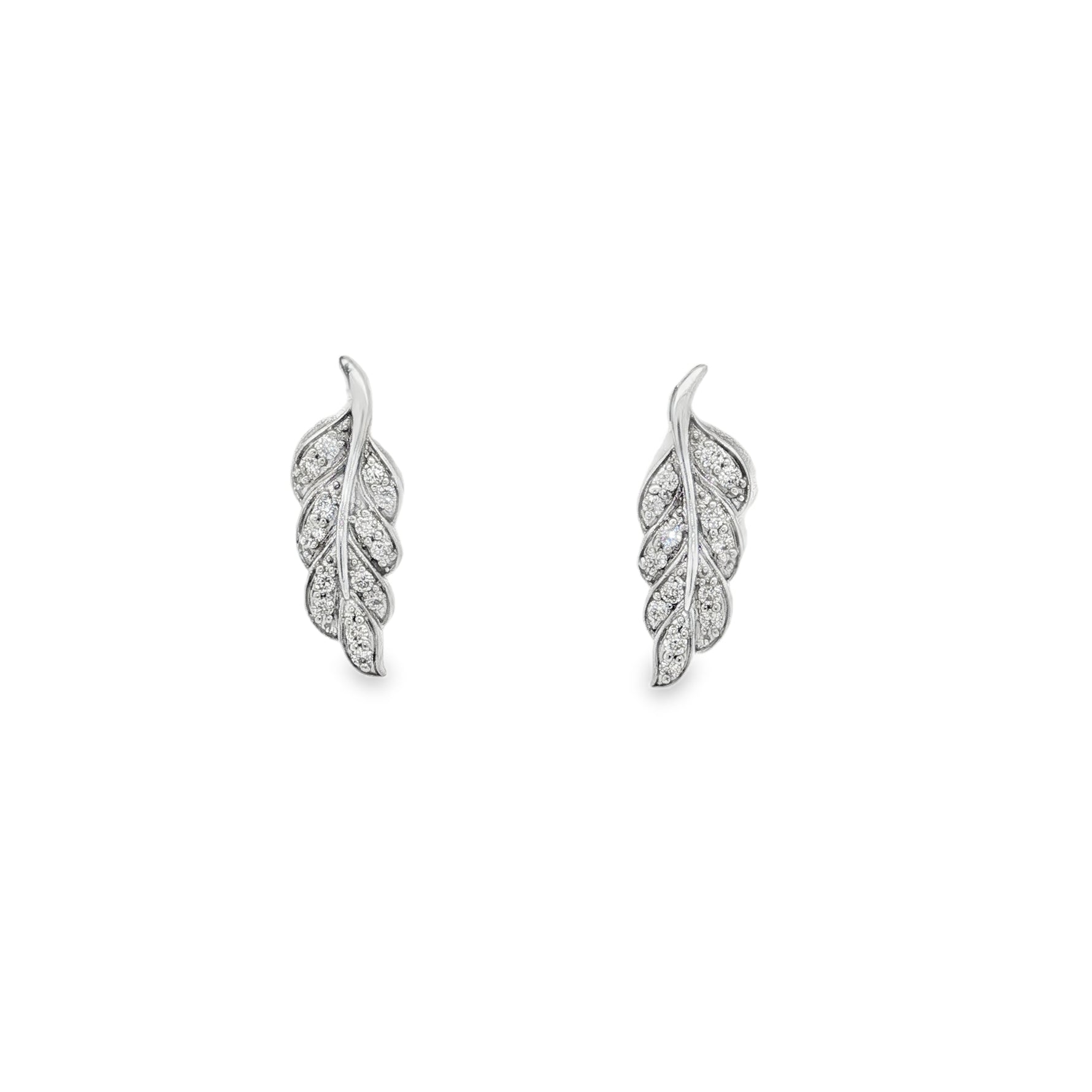 White gold leaf earrings with round diamonds and polished stems