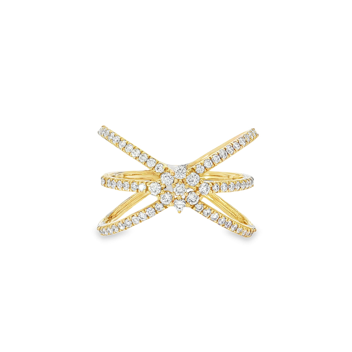 Yellow gold ring with crossing diamond bands and starburst cluster