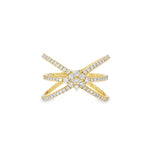 Yellow gold ring with crossing diamond bands and starburst cluster