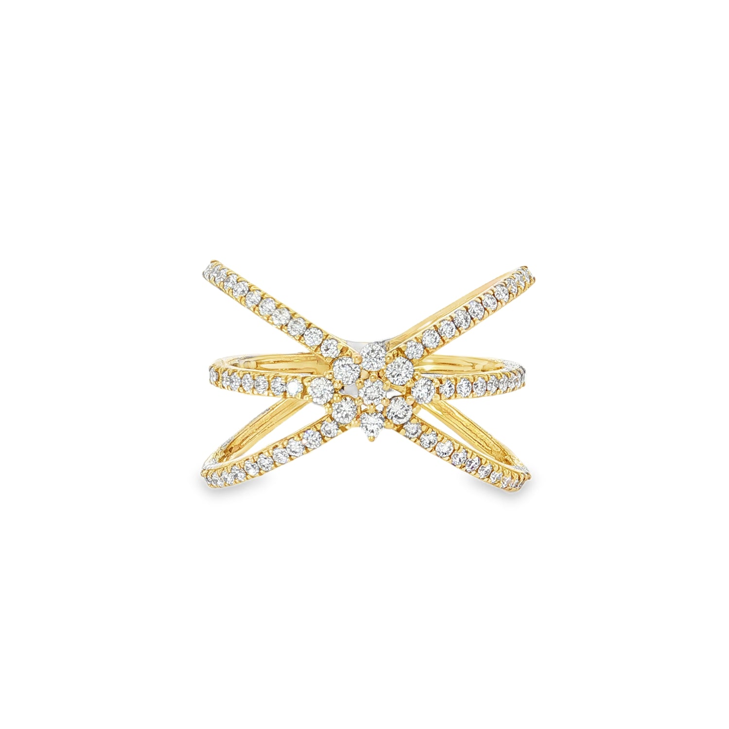 Yellow gold ring with crossing diamond bands and starburst cluster